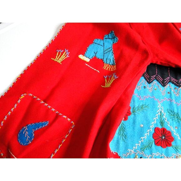 Vintage 40s jacket Wool Medium LOPEZ  MEXICO Embellished FELT Couple On Back Red - Picture 10 of 12